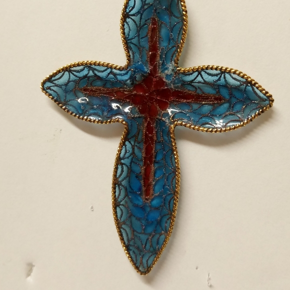 !💕 Cross Charm Gold Tone Beaded Trim, Filigree ,Teal Blue Back Burgundy Enamel - Picture 5 of 6